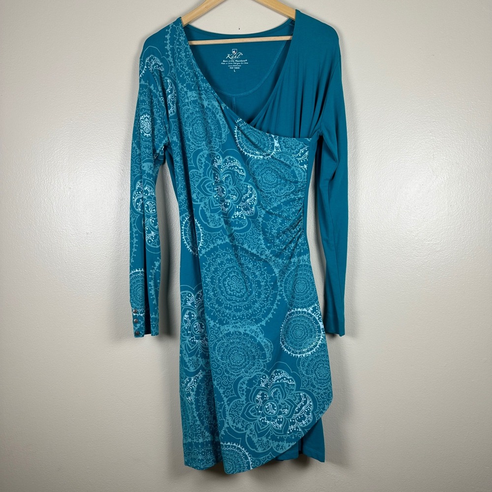 Kuhl Women's L Wrap Dress Teal Mandala Print Long Sleeve Ruched Asymmetrical